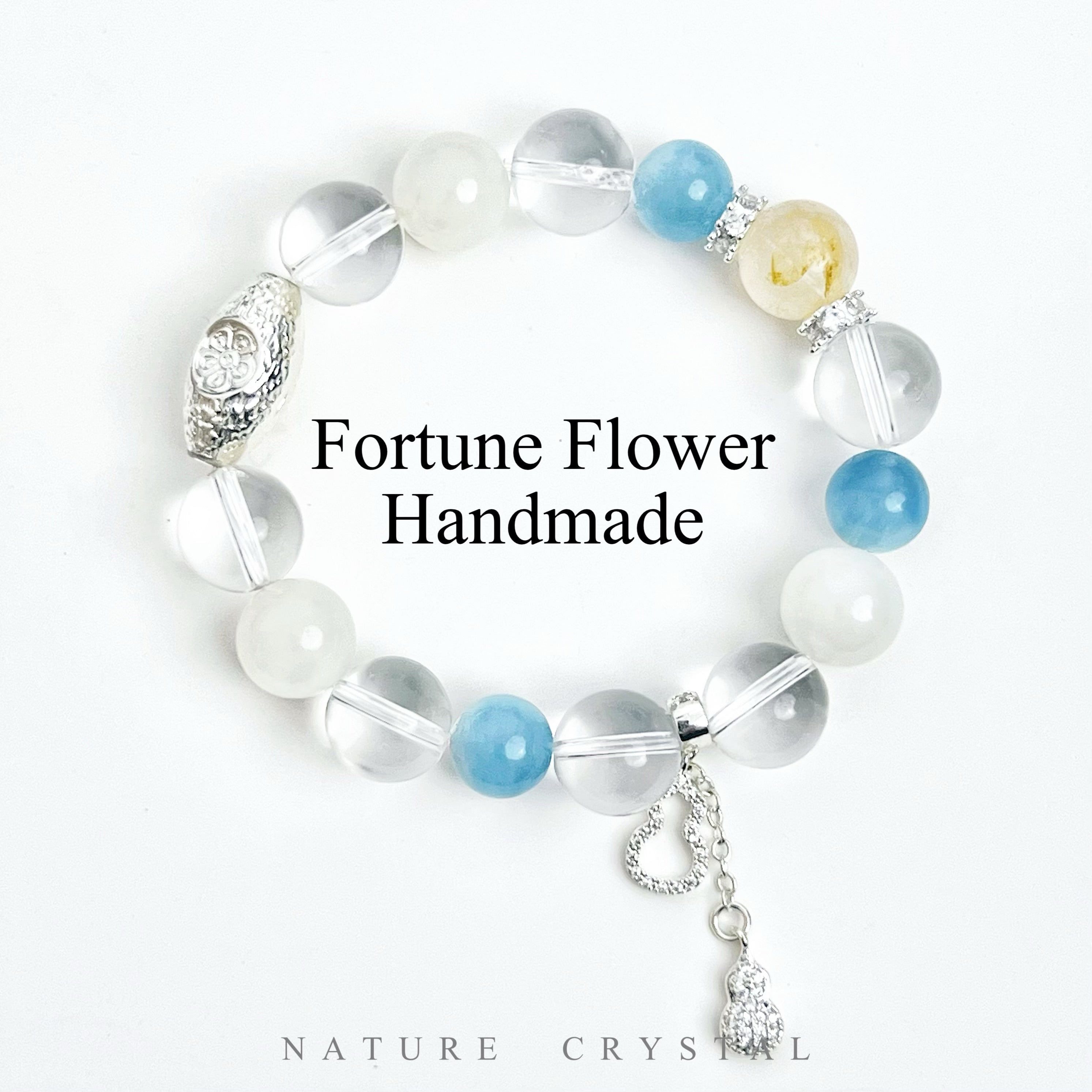Clear Quartz, Nephrite, Aquamarine, Golden Healer with Gourd Charm – Original Crystal Design Bracelet, Carries Cosmic Blessings