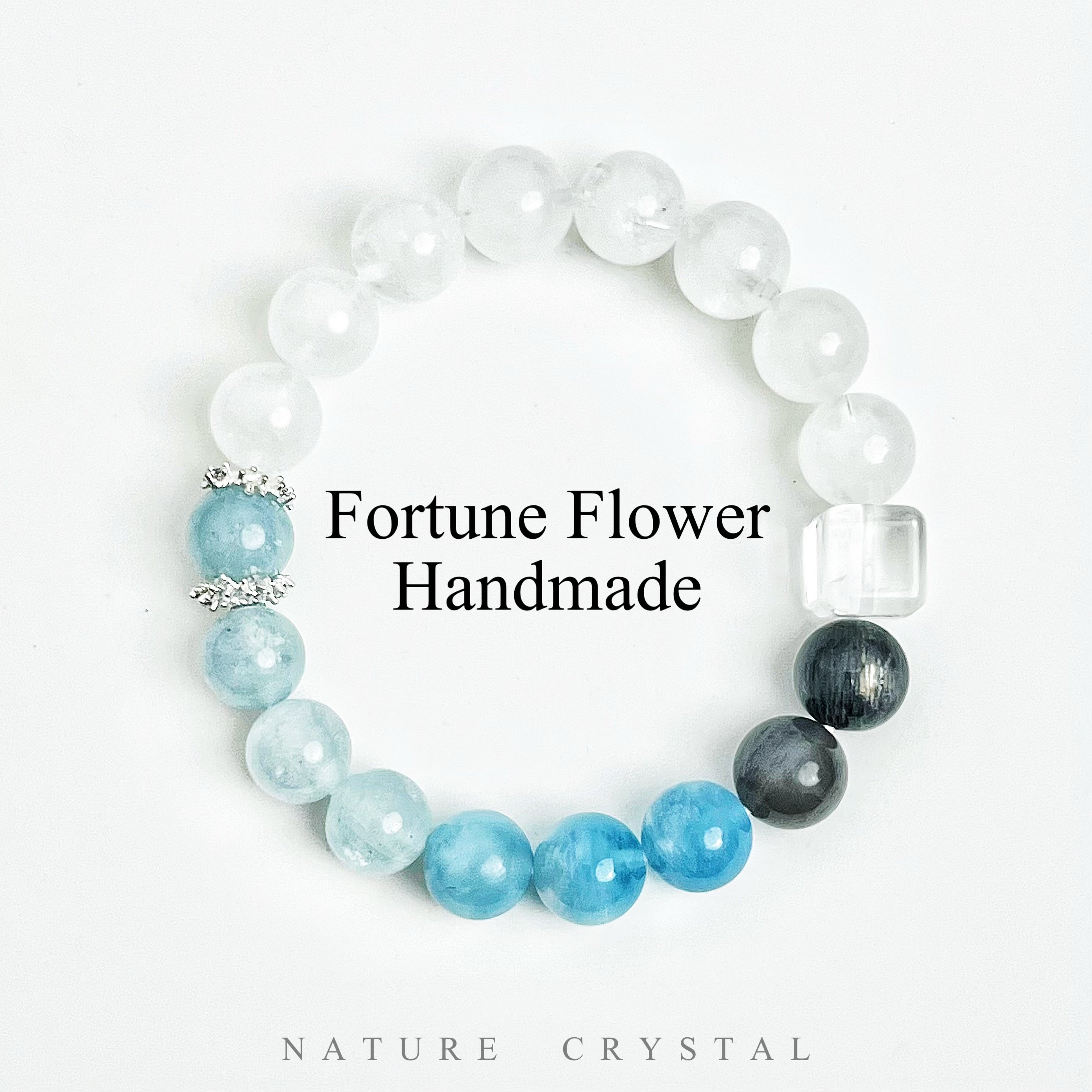 White Phantom Quartz, Aquamarine, Black Elestial Crystal, Clear Quartz – Original Design Bracelet, Emotional Healing, Energy Purification, Source of Renewal Power