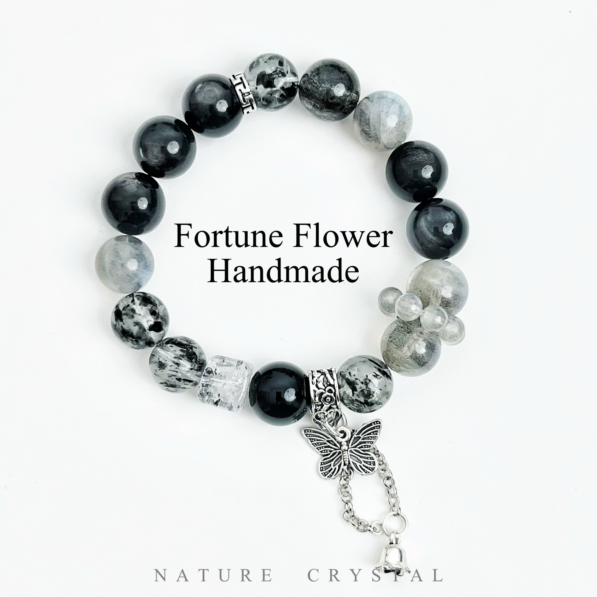 Obsidian, Labradorite, Black Strawberry Quartz, Hypersthene, Green Phantom Quartz – Original Crystal Design Bracelet, Passes Through Darkness, Dispels Gloom Like a Black Moonlight