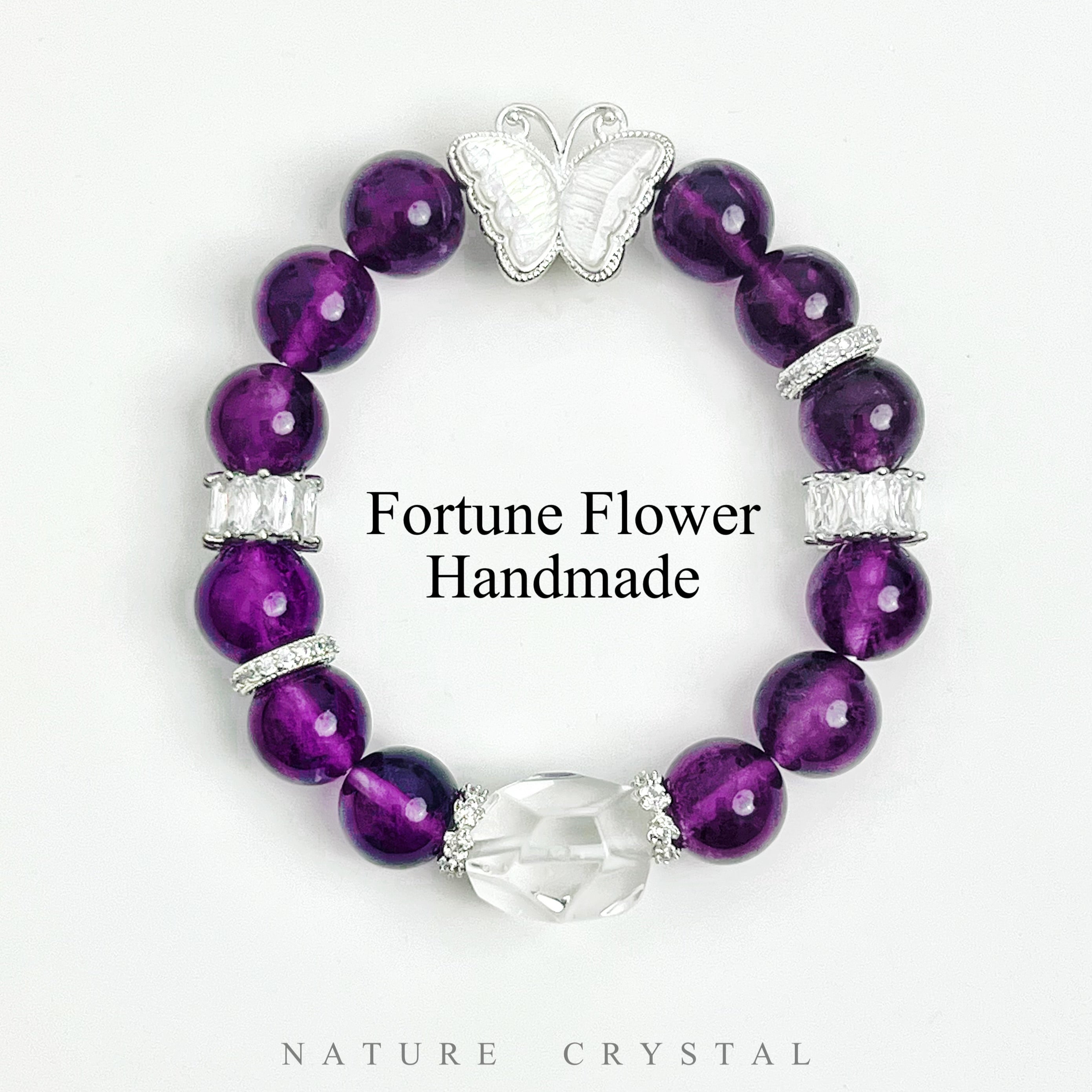 Uruguayan Amethyst, Clear Quartz with Butterfly Design – Original Crystal Design Bracelet, Lucky Charm with Starlight and Wings, Enhances Focus and Ritual Sense