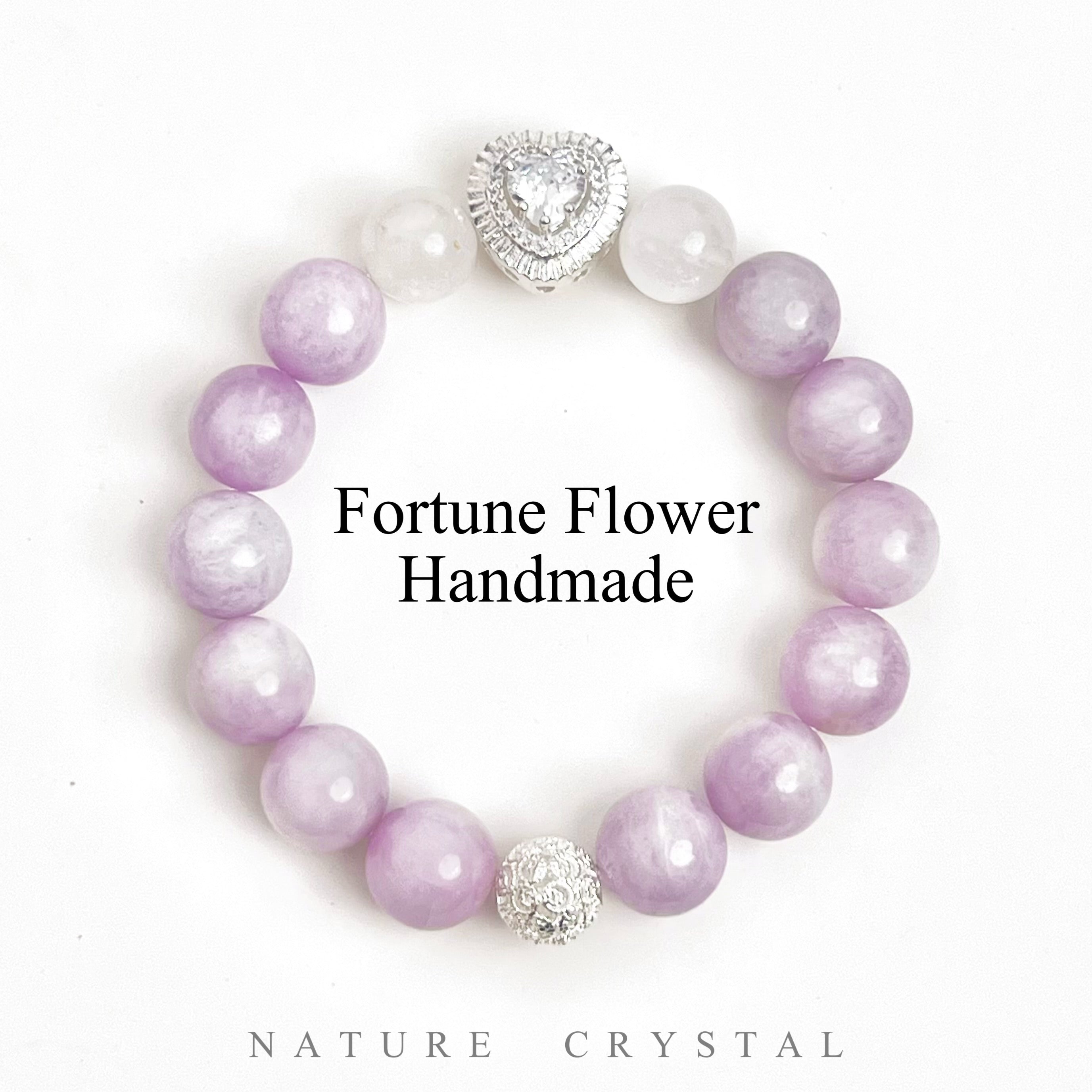 Kunzite, White Phantom Quartz with Heart Zircon – Hollow Flower Ball Design Bracelet, Infuses Serenity into Soul, Transmits Love and Kindness, Brings Hope for Happiness